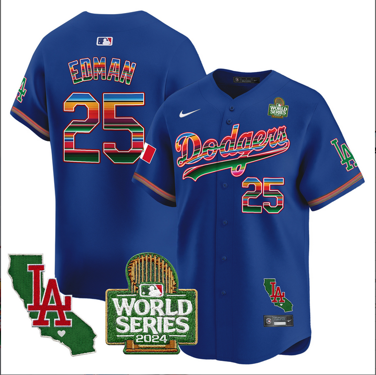 Men MLB Mexico Los Angeles Dodgers #25 Edman blue 2024 World Series Champions Patch Jersey 2024110